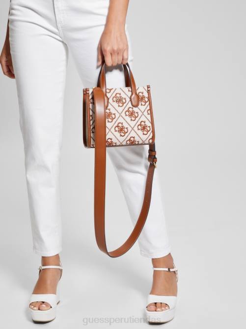 GUESS tote silvana mini de lona bordada mujer 0P8X3079 lavado de arenisca bolsas
