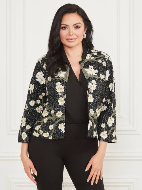 GUESS preciosa chaqueta de lentejuelas bordadas mujer 0P8X1874 flor cueva negra vestir