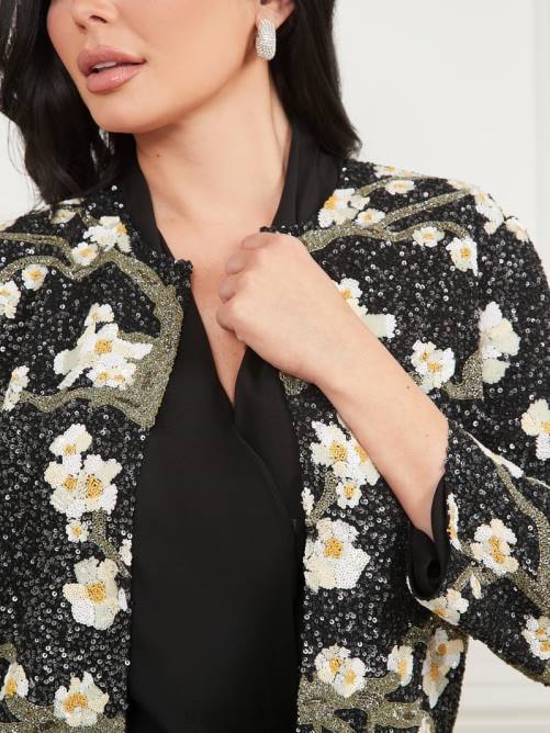 GUESS preciosa chaqueta de lentejuelas bordadas mujer 0P8X1874 flor cueva negra vestir