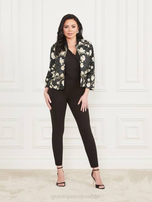 GUESS preciosa chaqueta de lentejuelas bordadas mujer 0P8X1874 flor cueva negra vestir