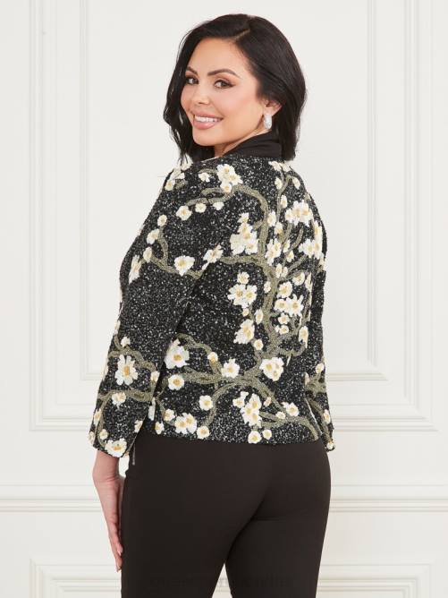 GUESS preciosa chaqueta de lentejuelas bordadas mujer 0P8X1874 flor cueva negra vestir
