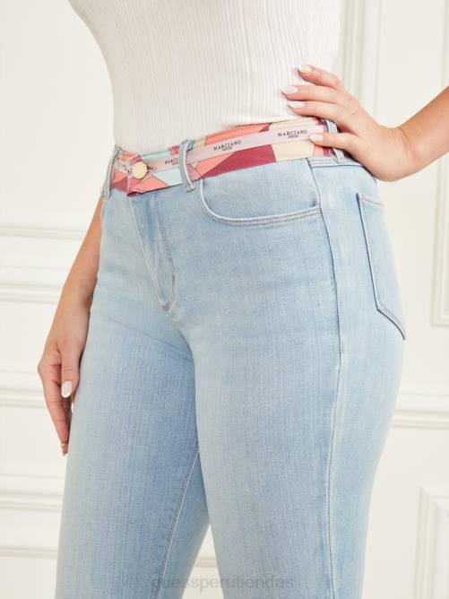 GUESS pantalón de mezclilla ajustado con cintura estampada mujer 0P8X113 lavado azul claro vestir