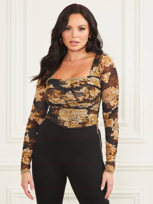 GUESS después de la parte superior de malla oscura mujer 0P8X1467 después del estampado floral oscuro vestir