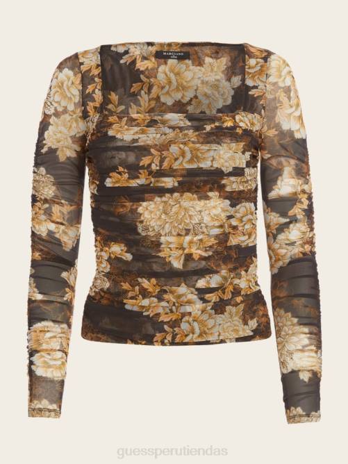 GUESS después de la parte superior de malla oscura mujer 0P8X1467 después del estampado floral oscuro vestir