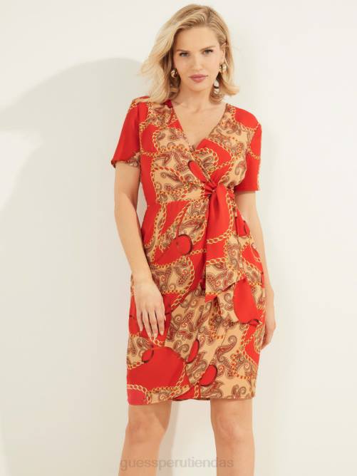 GUESS vestido con estampado de cachemira y cadena mujer 0P8X886 cadena paisley roja vestir
