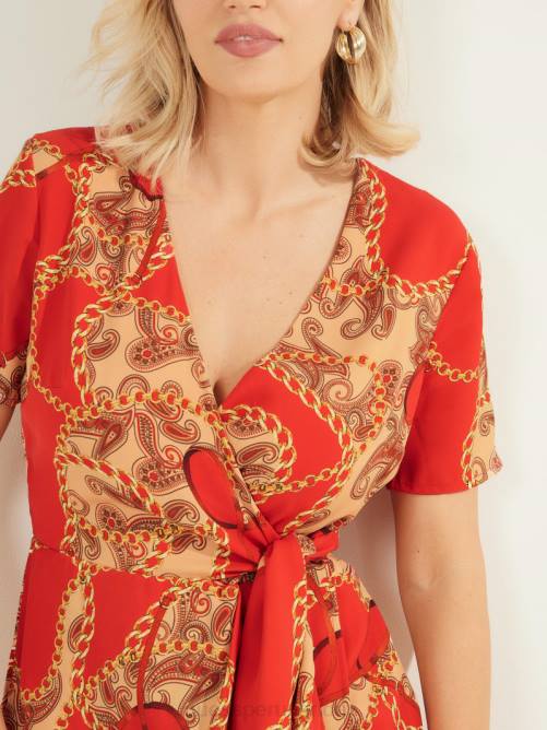 GUESS vestido con estampado de cachemira y cadena mujer 0P8X886 cadena paisley roja vestir