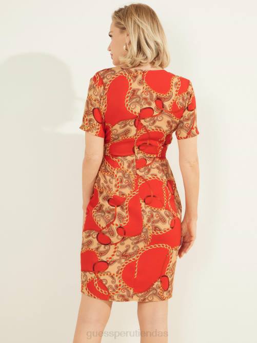 GUESS vestido con estampado de cachemira y cadena mujer 0P8X886 cadena paisley roja vestir