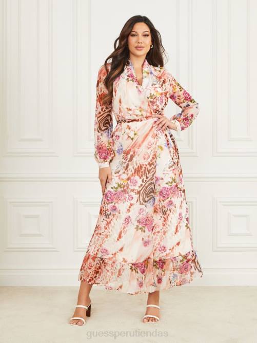 GUESS vestido cruzado de seda rosa mujer 0P8X745 impresión de sombra de rosa vestir