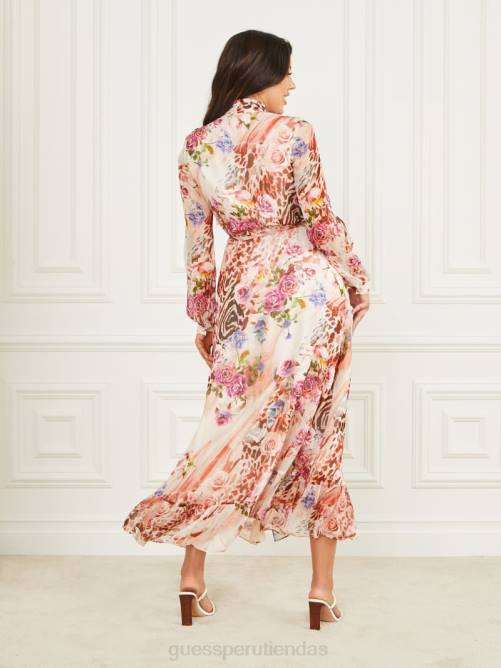 GUESS vestido cruzado de seda rosa mujer 0P8X745 impresión de sombra de rosa vestir