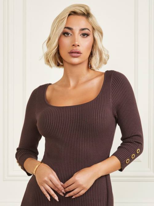 GUESS vestido estilo suéter de canalé eco flora mujer 0P8X699 bourbon oscuro vestir
