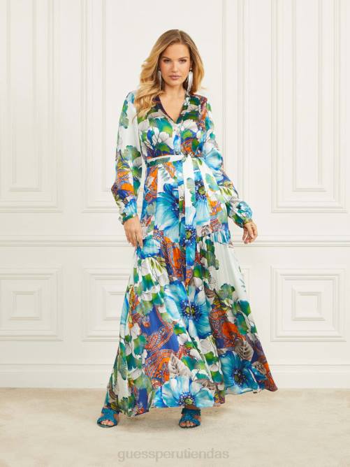 GUESS vestido largo Lucky Charm de seda mujer 0P8X426 impresión de amuleto de la suerte vestir