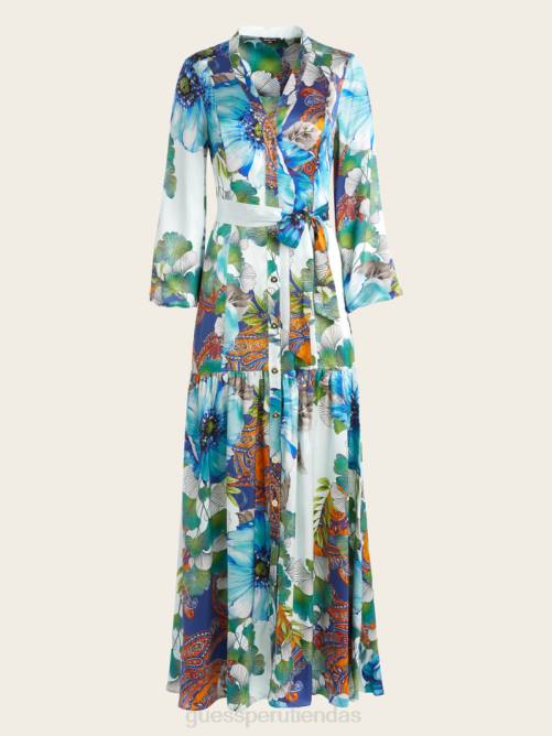GUESS vestido largo Lucky Charm de seda mujer 0P8X426 impresión de amuleto de la suerte vestir
