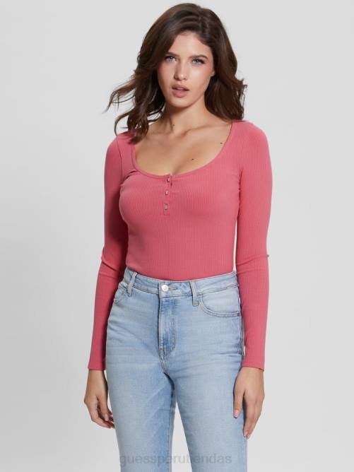 GUESS Camiseta henley de manga larga eco karlee mujer 0P8X1638 rosa deriva vestir