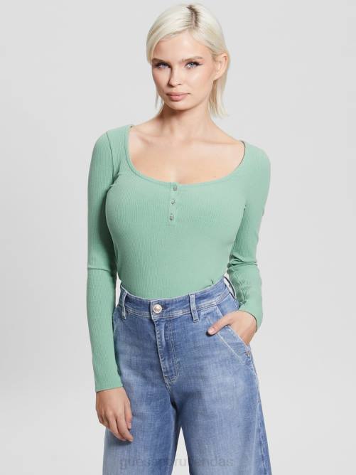 GUESS Camiseta henley de manga larga eco karlee mujer 0P8X1640 verde vital vestir