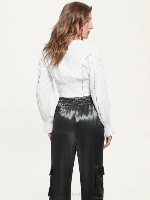 GUESS blusa de lino ñandú mujer 0P8X1417 blanco puro vestir
