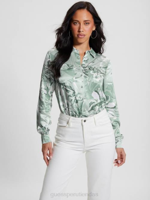 GUESS camisa eco linda satinada mujer 0P8X930 estampado de selva de helechos polvorientos vestir