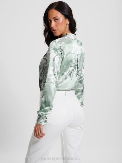 GUESS camisa eco linda satinada mujer 0P8X930 estampado de selva de helechos polvorientos vestir