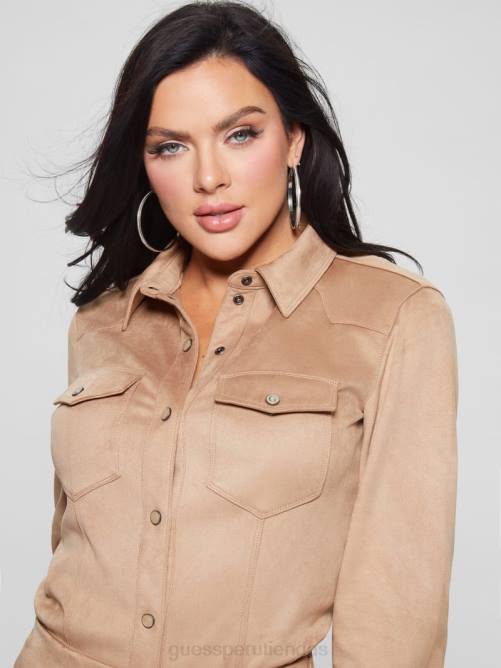 GUESS camisa estilo western de gamuza sintética con margaritas mujer 0P8X1109 arena mojada vestir