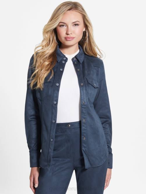 GUESS camisa estilo western de gamuza sintética con margaritas mujer 0P8X1195 azul ennegrecido vestir
