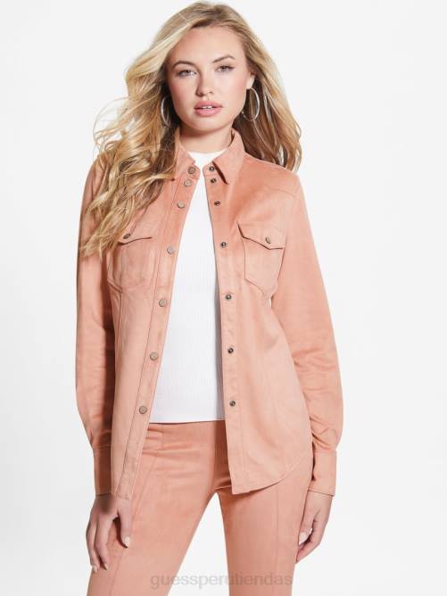 GUESS camisa estilo western de gamuza sintética con margaritas mujer 0P8X1425 rosa satinada vestir