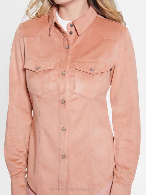 GUESS camisa estilo western de gamuza sintética con margaritas mujer 0P8X1425 rosa satinada vestir