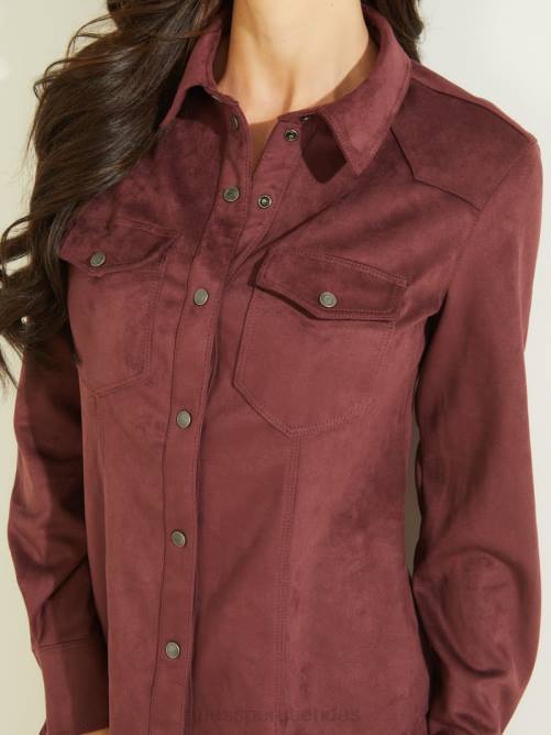 GUESS camisa estilo western de gamuza sintética con margaritas mujer 0P8X1464 vino místico vestir