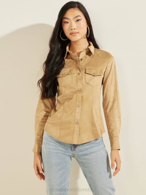 GUESS camisa estilo western de gamuza sintética con margaritas mujer 0P8X1501 miel de montaña vestir