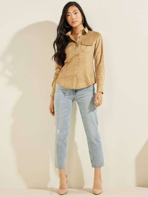 GUESS camisa estilo western de gamuza sintética con margaritas mujer 0P8X1501 miel de montaña vestir