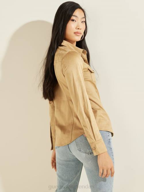 GUESS camisa estilo western de gamuza sintética con margaritas mujer 0P8X1501 miel de montaña vestir
