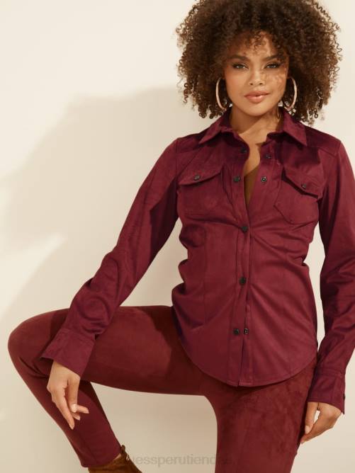 GUESS camisa estilo western de gamuza sintética con margaritas mujer 0P8X1698 merlot rubí vestir