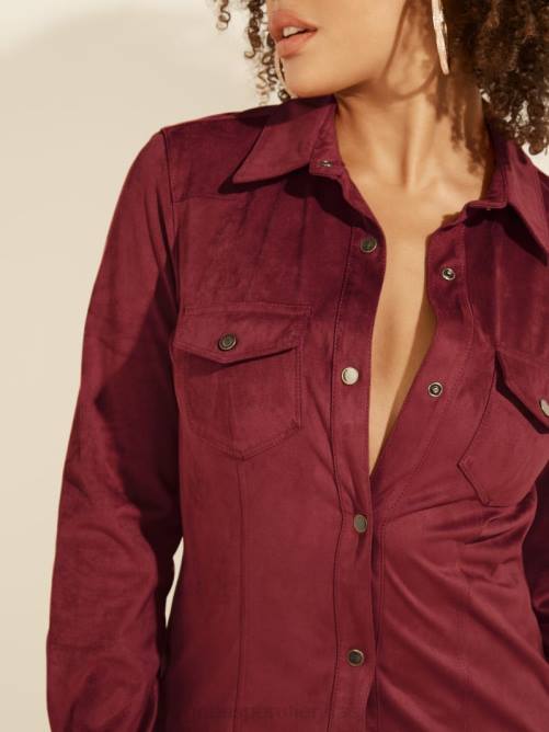 GUESS camisa estilo western de gamuza sintética con margaritas mujer 0P8X1698 merlot rubí vestir