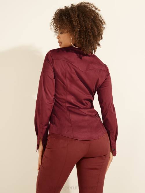 GUESS camisa estilo western de gamuza sintética con margaritas mujer 0P8X1698 merlot rubí vestir
