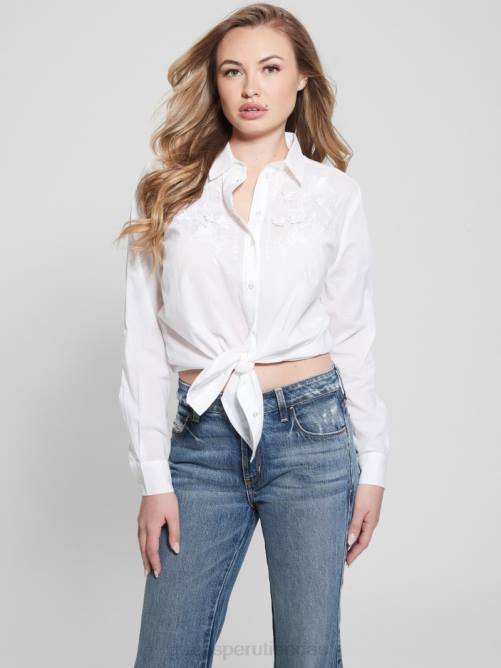 GUESS camisa nadia de algodón bordada mujer 0P8X1165 blanco puro vestir