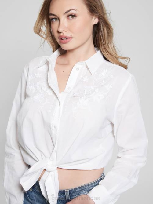 GUESS camisa nadia de algodón bordada mujer 0P8X1165 blanco puro vestir