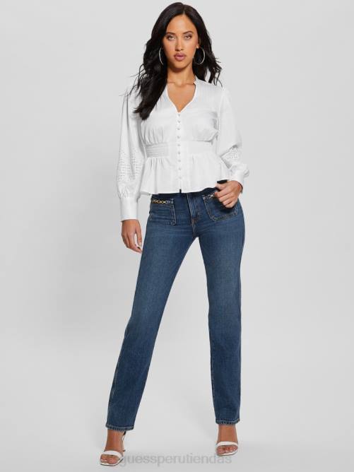 GUESS top bordado con ojales avery mujer 0P8X1042 blanco puro vestir