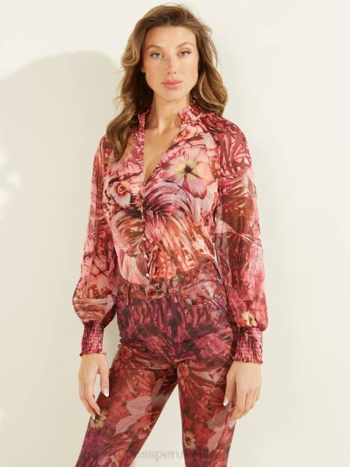 GUESS top charley ecológico mujer 0P8X1639 batik estampado tropical rosa vestir