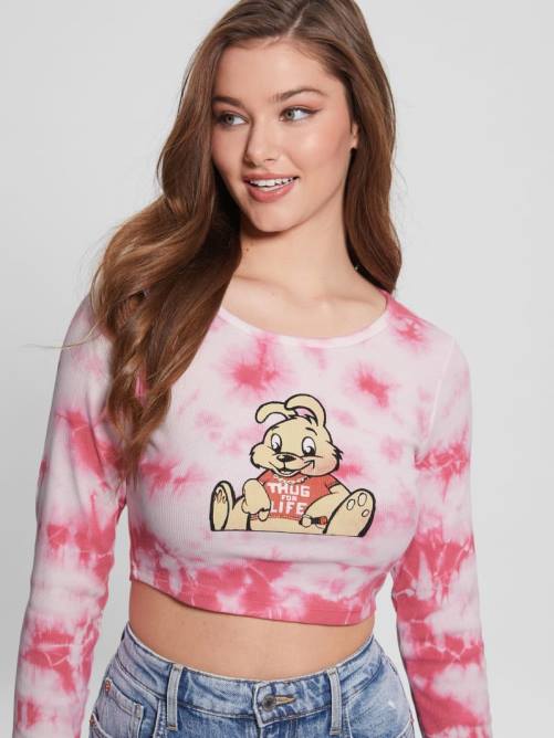GUESS top con estampado de conejitos y efecto tie-dye mujer 0P8X1278 mañana rosa multi vestir