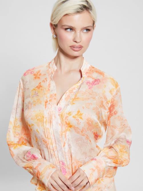 GUESS top de manga larga eco monica de gasa mujer 0P8X1122 flor de mandarina vestir