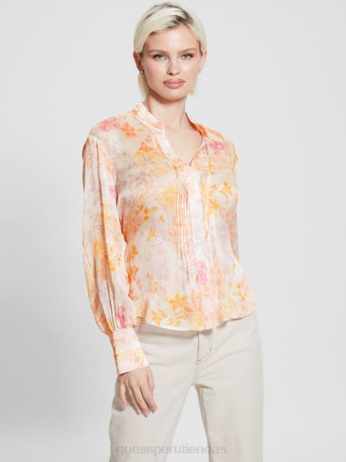 GUESS top de manga larga eco monica de gasa mujer 0P8X1122 flor de mandarina vestir