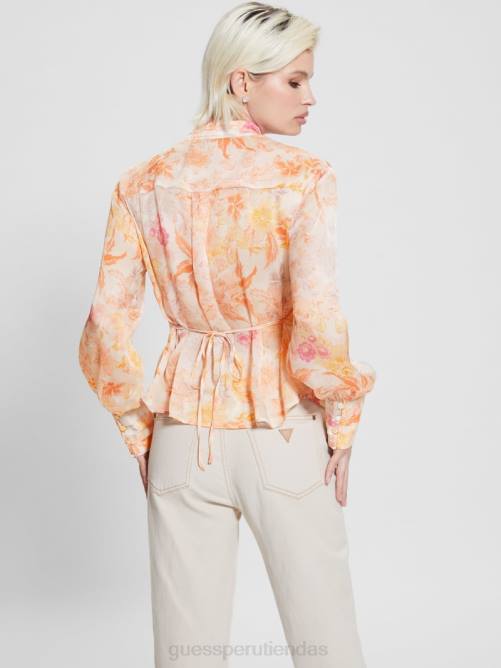 GUESS top de manga larga eco monica de gasa mujer 0P8X1122 flor de mandarina vestir