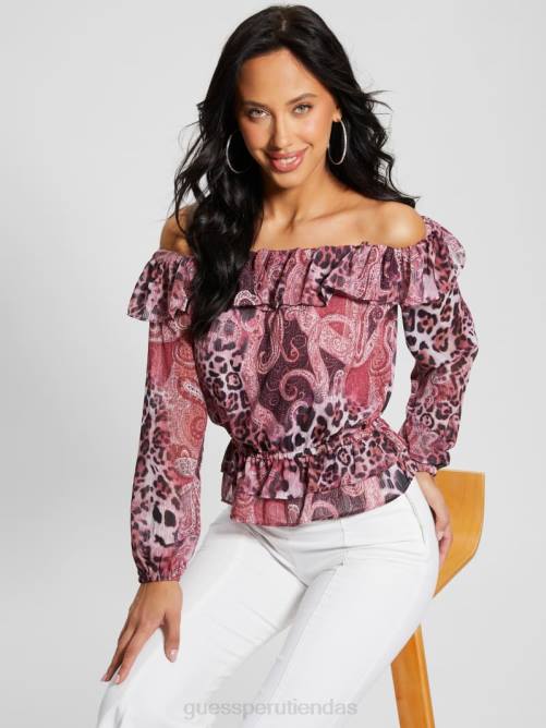 GUESS top lucy ecológico con hombros descubiertos mujer 0P8X1046 estampado de cachemira morado vestir