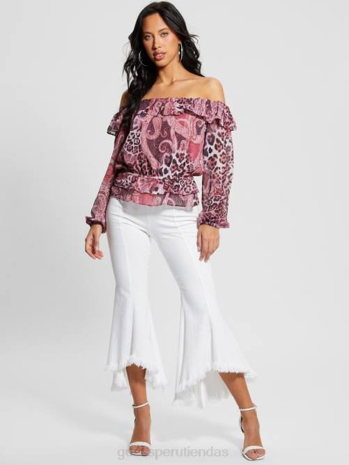 GUESS top lucy ecológico con hombros descubiertos mujer 0P8X1046 estampado de cachemira morado vestir