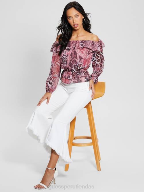 GUESS top lucy ecológico con hombros descubiertos mujer 0P8X1046 estampado de cachemira morado vestir