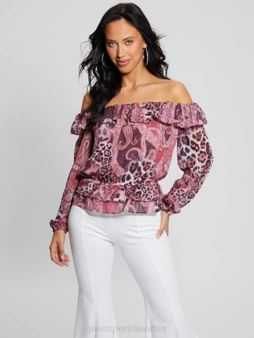 GUESS top lucy ecológico con hombros descubiertos mujer 0P8X1046 estampado de cachemira morado vestir