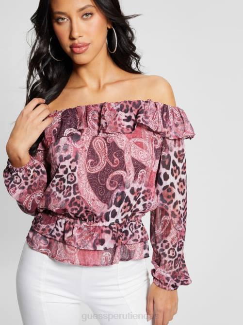 GUESS top lucy ecológico con hombros descubiertos mujer 0P8X1046 estampado de cachemira morado vestir