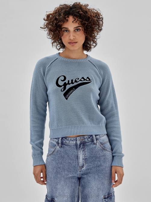 GUESS suéter original con logo ecológico mujer 0P8X1267 algodón azul vestir