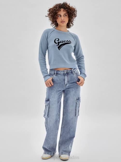 GUESS suéter original con logo ecológico mujer 0P8X1267 algodón azul vestir