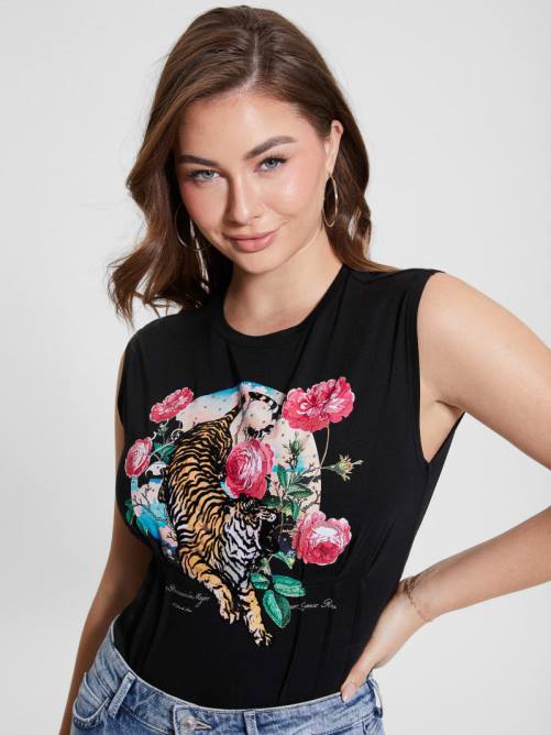 GUESS camiseta con corsé de rosas tigre mujer 0P8X1011 negro vestir