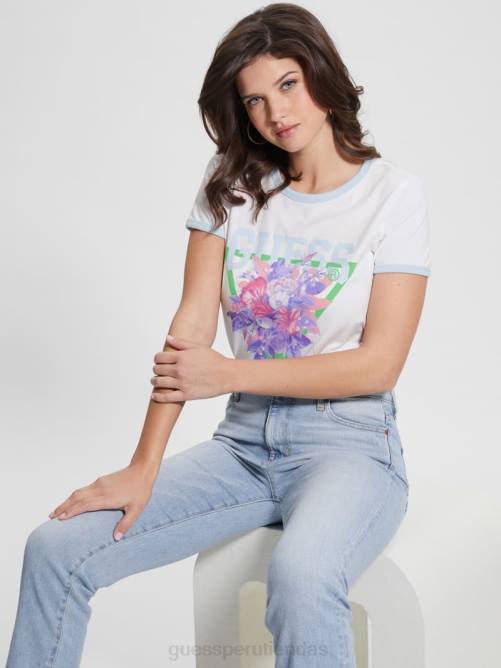 GUESS camiseta con cuello redondo y triángulo ecológico con ramo mujer 0P8X1301 blanco puro vestir