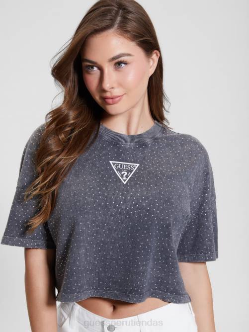 GUESS camiseta con estrellas y logo de strass mujer 0P8X994 negro azabache ácido vestir